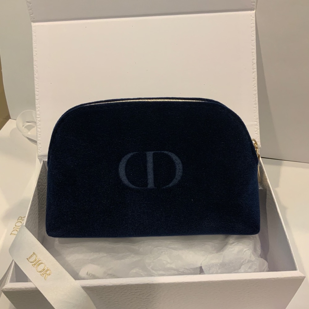 Dior Pouch Bag Cosmetic Case Purse Navy Velvet Logo Gold Zippers NEW